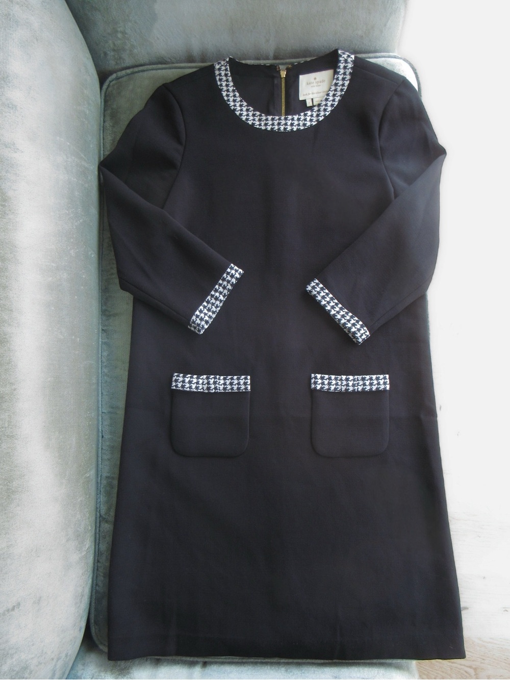 KATE SPADE Black Shift Dress with Houndstooth Trim